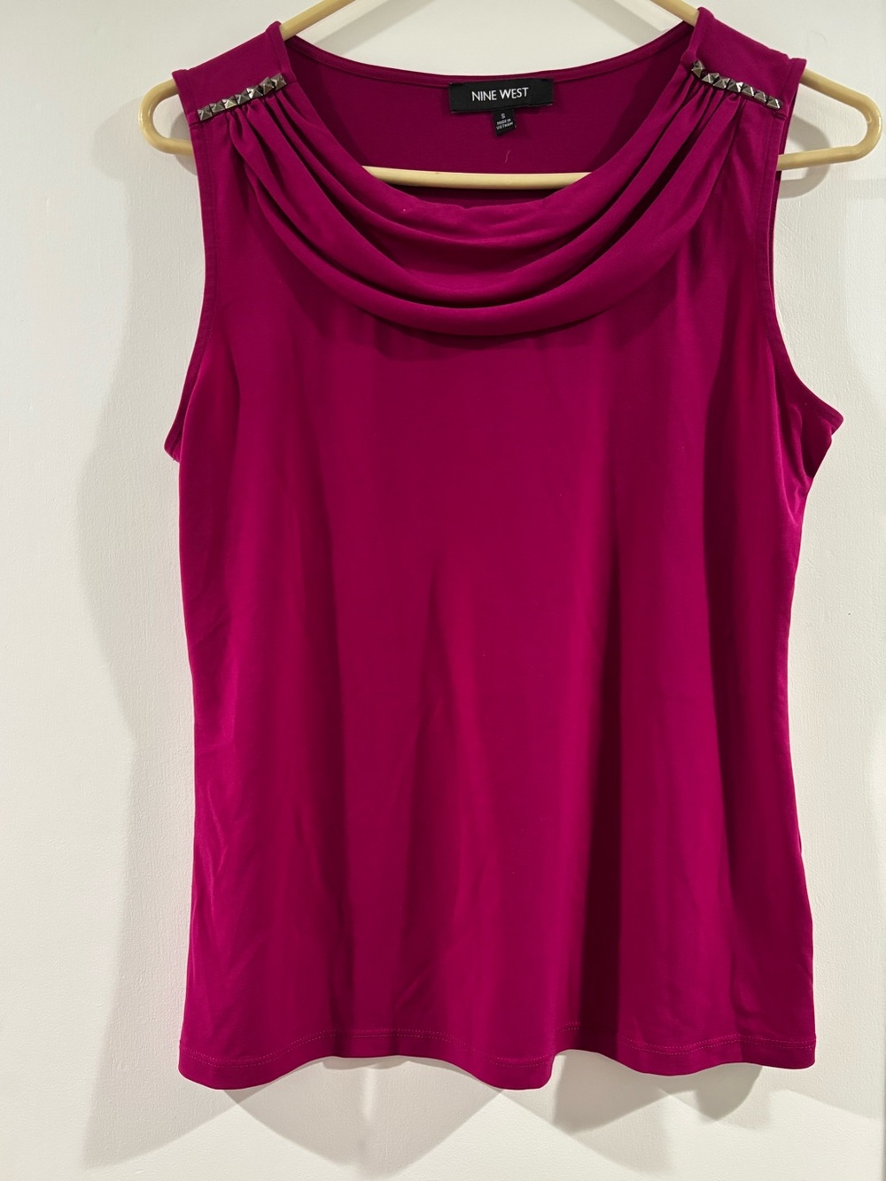 Nine West Deep Fuchsia Draped Cowl Neck Sleeveless Top with Stud Accents